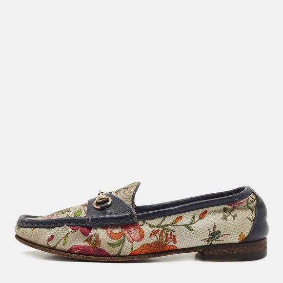 Gucci Navy Blue/White Leather and Floral Print Canvas 1953 Horsebit Loafers - Picture 1 of 4